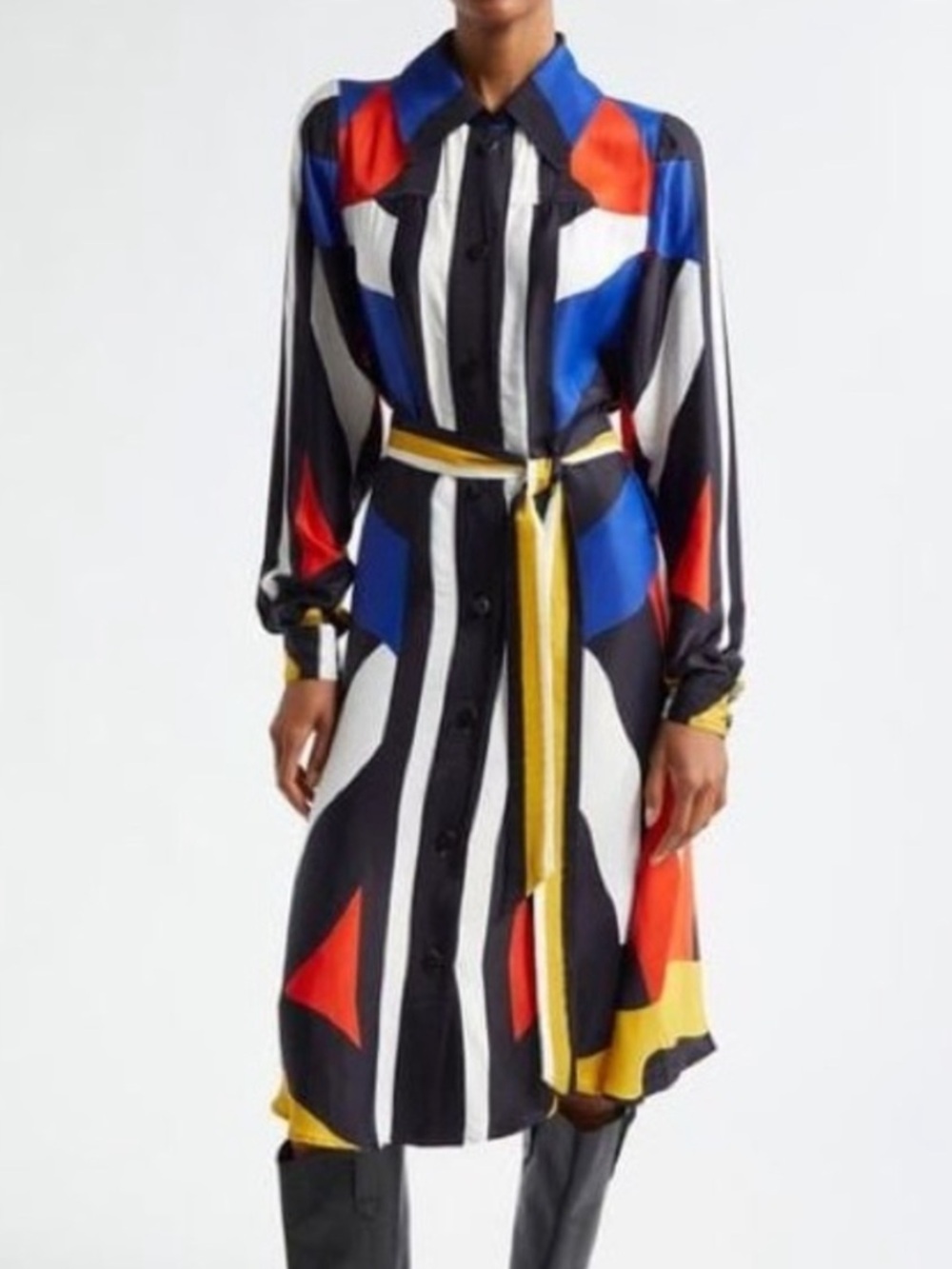 FARM Rio Women's Blue Amanda Abstract Print Long Sleeve Satin Shirtdress size S - Picture 2 of 9